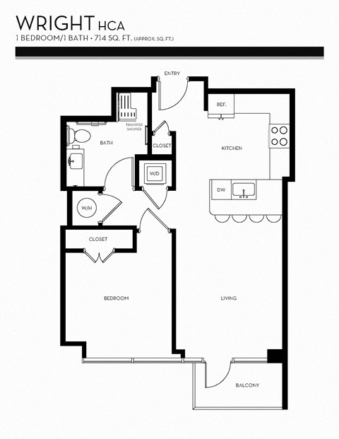 Floor plan for 1 bed, 1 bath, 714 sqft